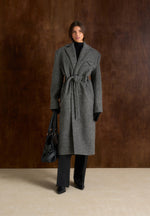 Jena - Wide Shoulder Wool Coat with Cinch Belt - Grey