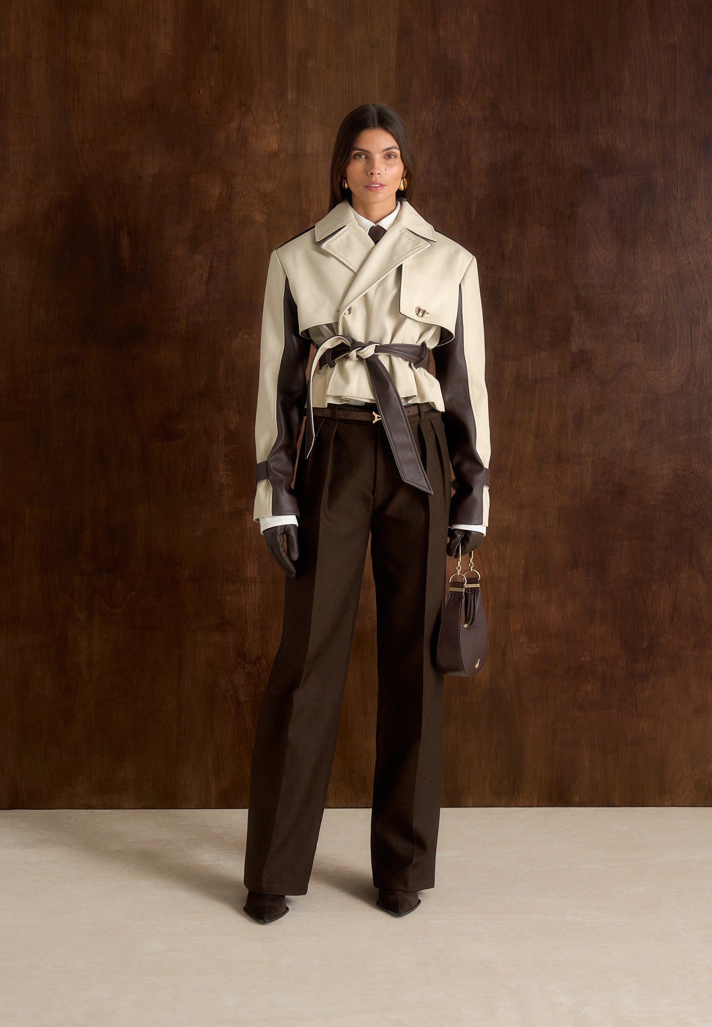 Lelia - Cropped Gabardine Trench Coat With Belt - Beige/Brown 
