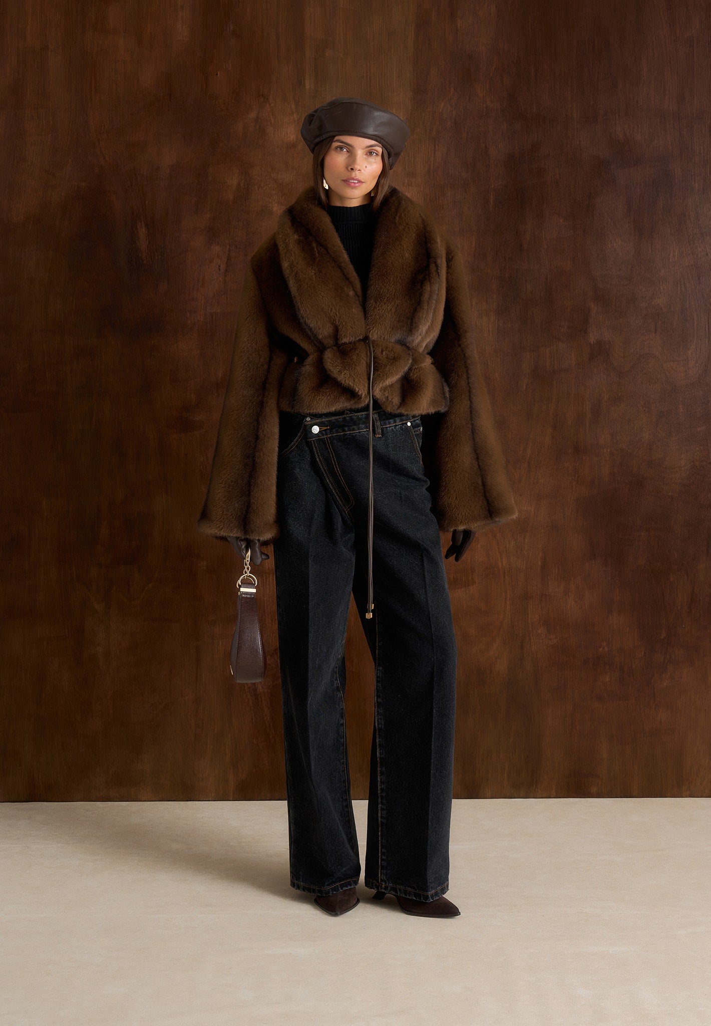 Nola - Fur Shawl Jacket with Leather Belt - Brown 