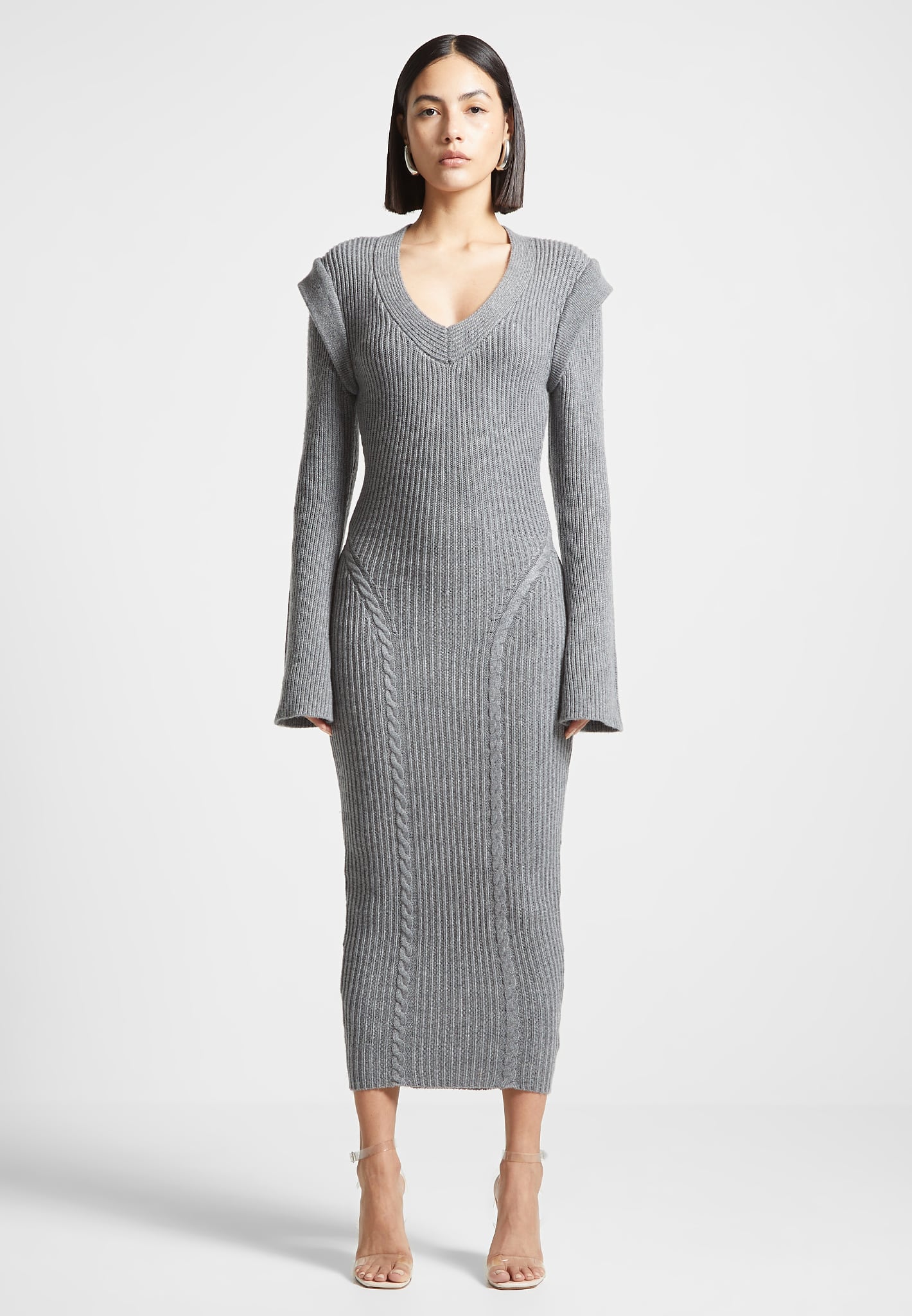 ミィ* Wide Shoulder Knitted Midaxi Dress - Grey | Manière De Voir
