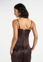 Scarlett - Satin Lace Up Corset - Brown