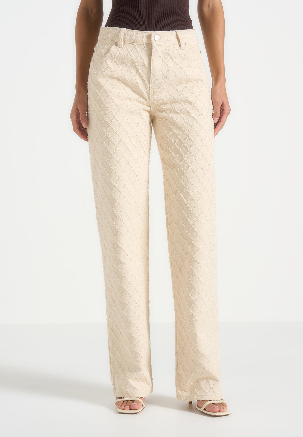 Elyssa - Diamond Stitch Denim Jeans - Cream