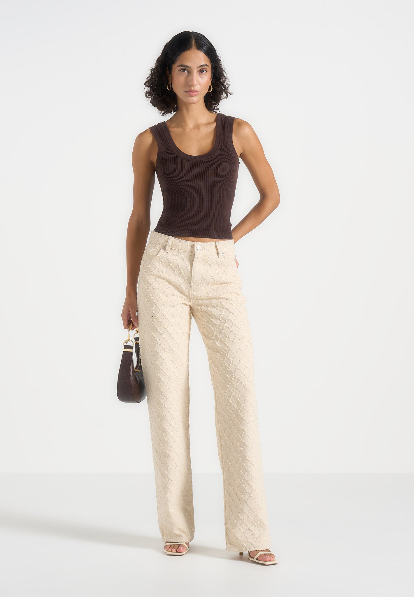 Elyssa - Diamond Stitch Denim Jeans - Cream 