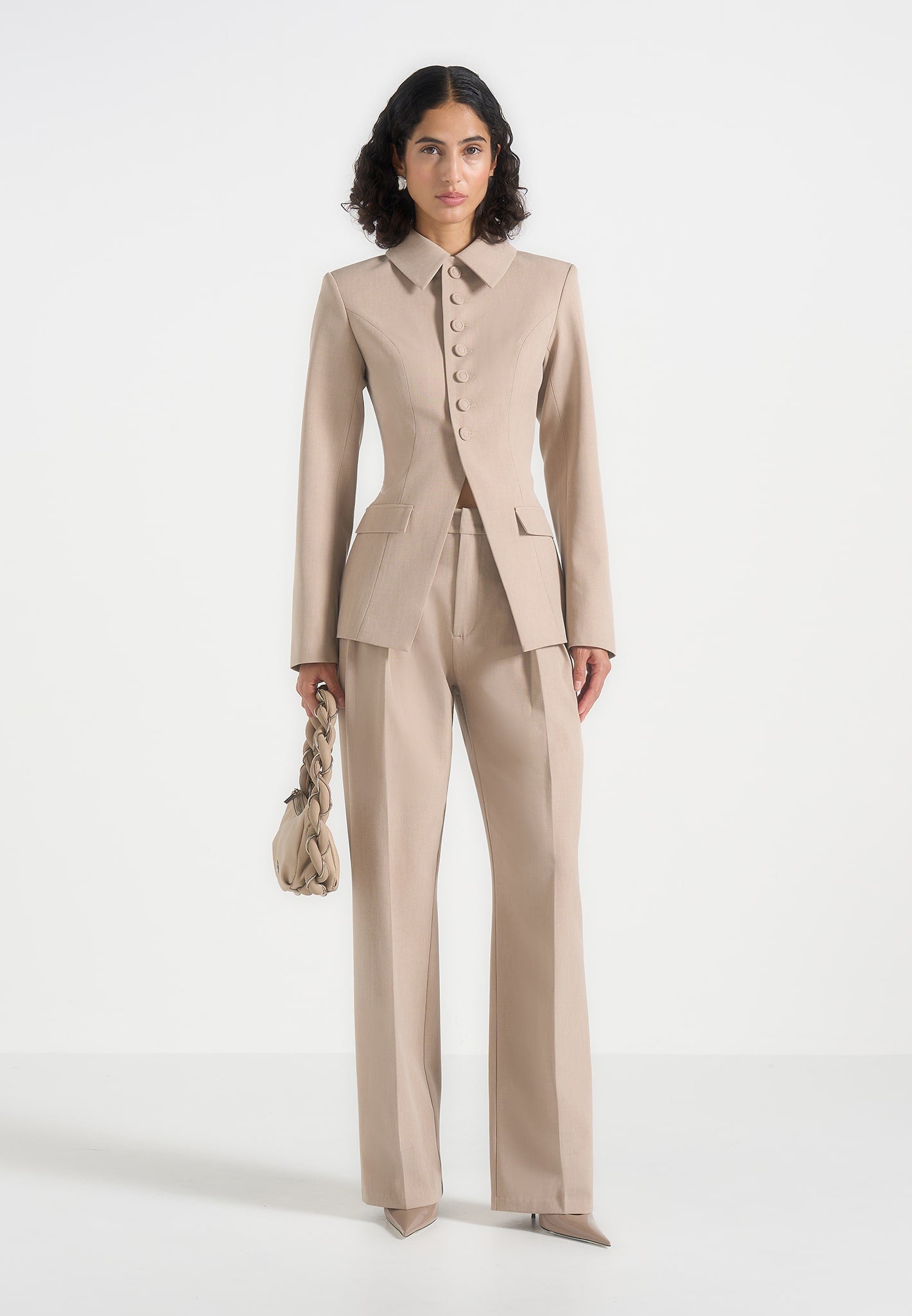 Harper - Tailored Cinch Blazer With Detachable Collar - Beige