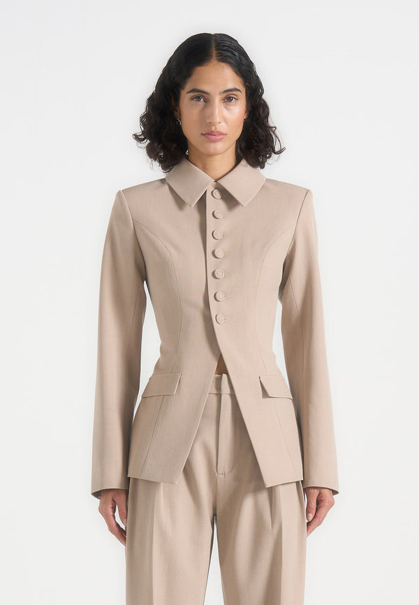 Harper - Tailored Cinch Blazer With Detachable Collar - Beige