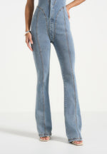 Annette - Seam Detail Fit & Flare Denim Jumpsuit - Mid Blue
