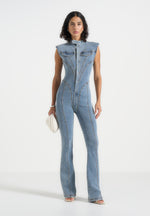 Annette - Seam Detail Fit & Flare Denim Jumpsuit - Mid Blue