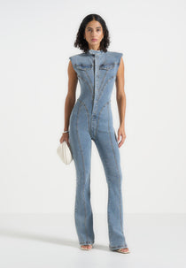 Annette - Seam Detail Fit & Flare Denim Jumpsuit - Mid Blue