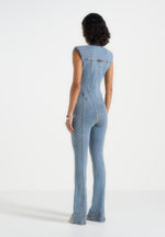 Annette - Seam Detail Fit & Flare Denim Jumpsuit - Mid Blue