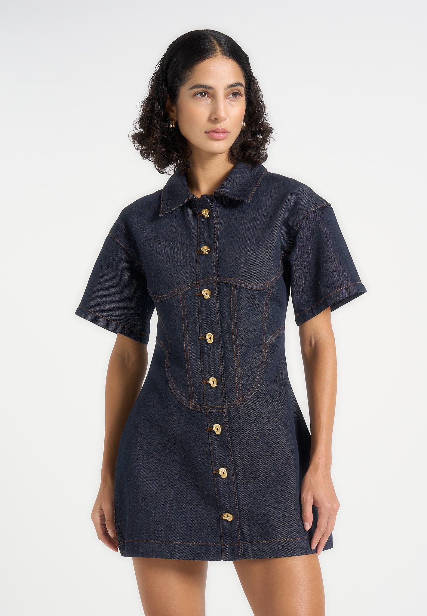 Mathilde - Corset Contrast Stitch Denim Dress - Indigo 