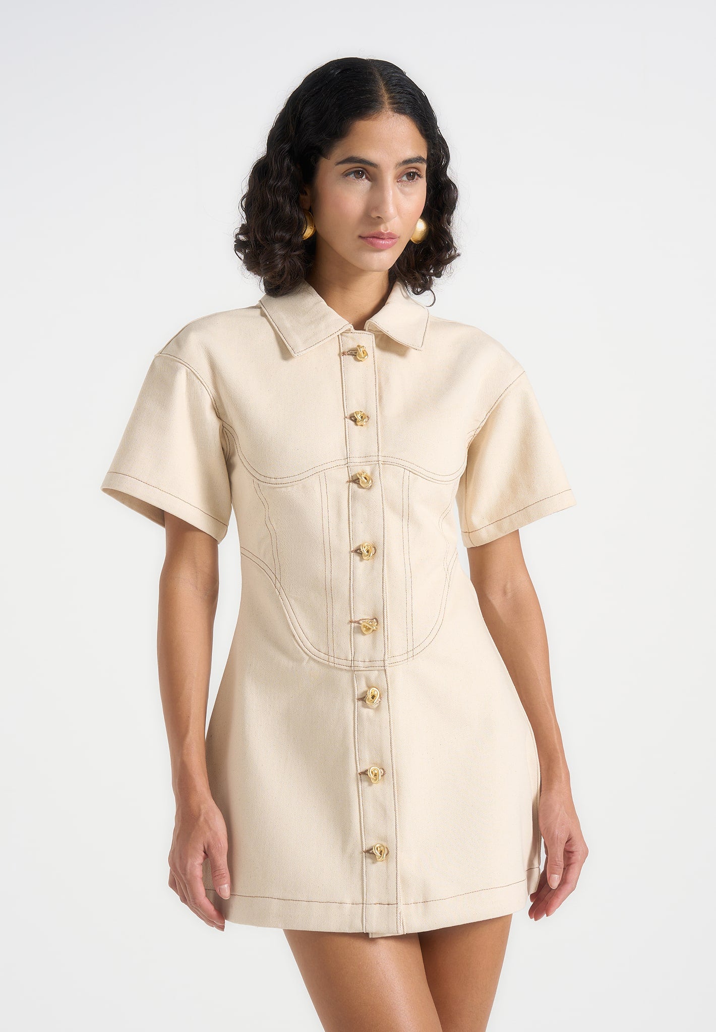 Mathilde - Denim Corset Contrast Stitch Dress - Cream