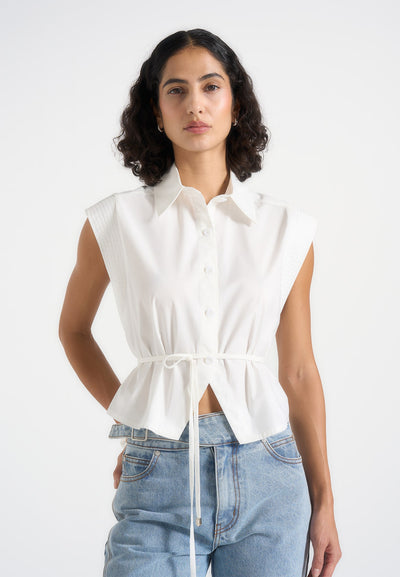 Malia - Sleeveless Tie Waist Cropped Shirt - White