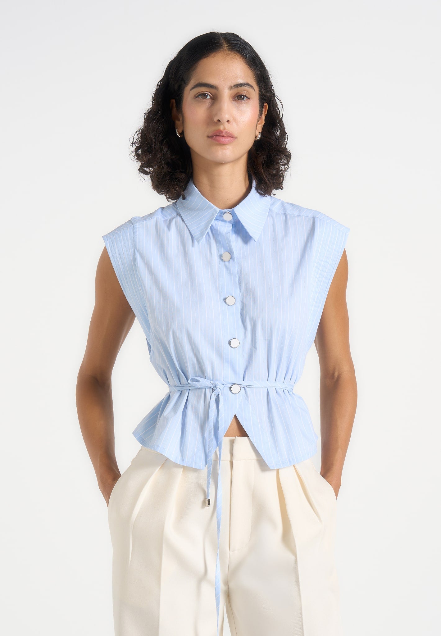 Malia - Sleeveless Tie Waist Cropped Shirt - Pale Blue