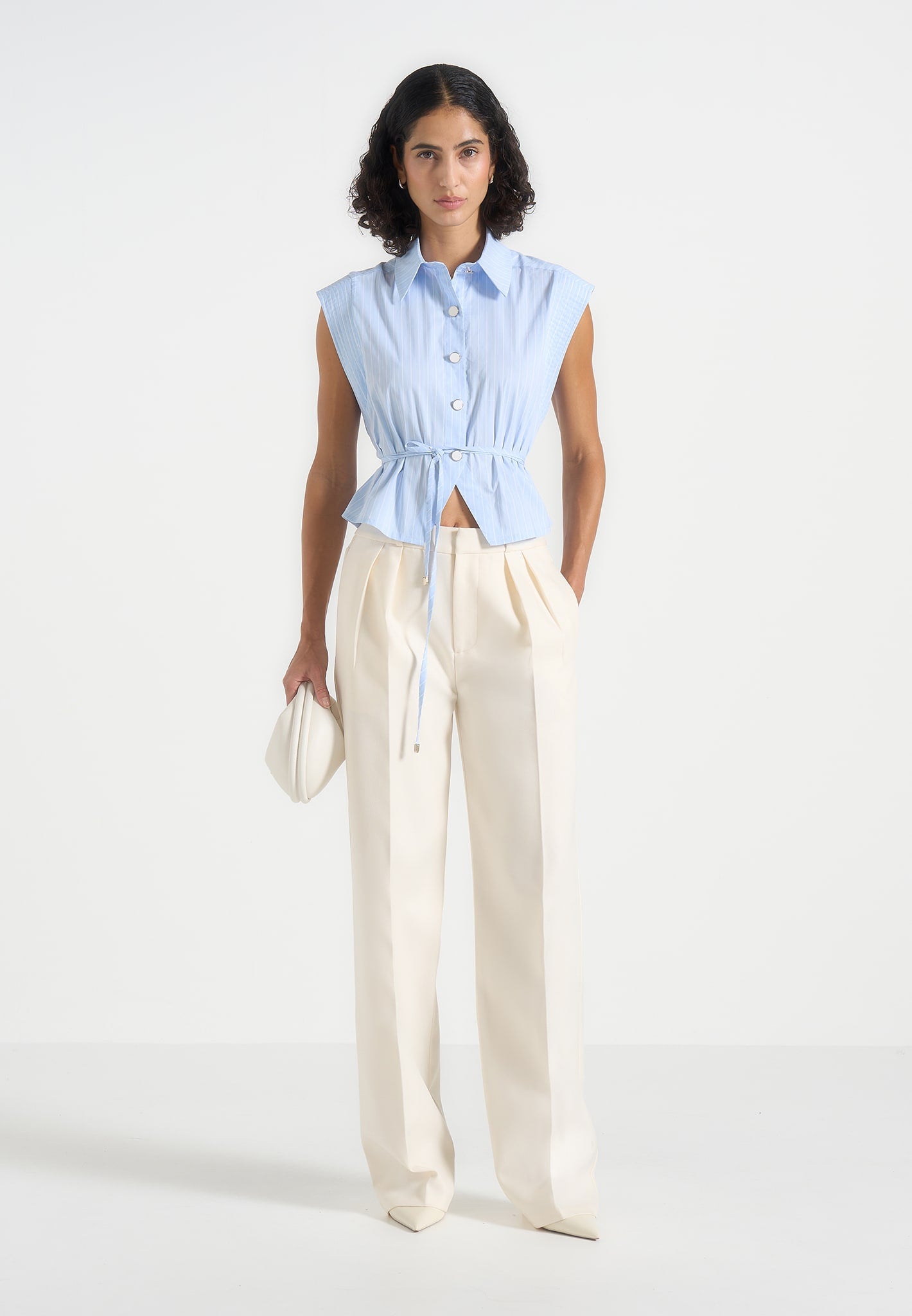 Malia - Sleeveless Tie Waist Cropped Shirt - Pale Blue 