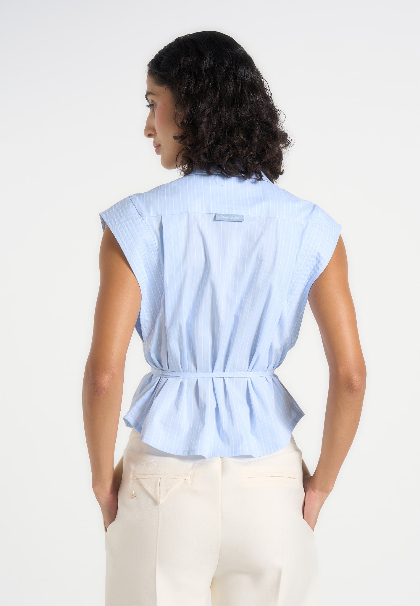 Malia - Sleeveless Tie Waist Cropped Shirt - Pale Blue 