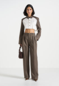 Bernadette - Houndstooth Cotton Cropped Shirt - White/Brown