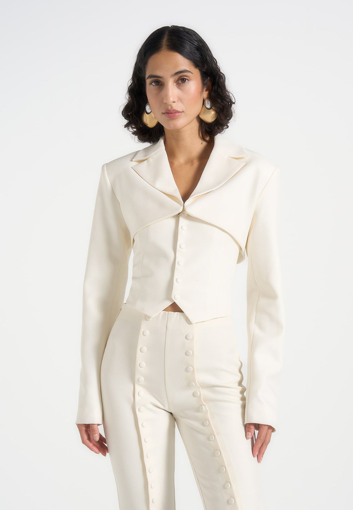 Lise - Cropped Tailored Blazer & Button Detail Bandeau - Off White
