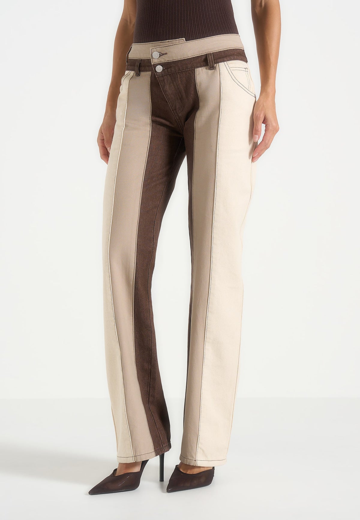Jacinda - Colour Block Denim Jeans - Beige/Brown