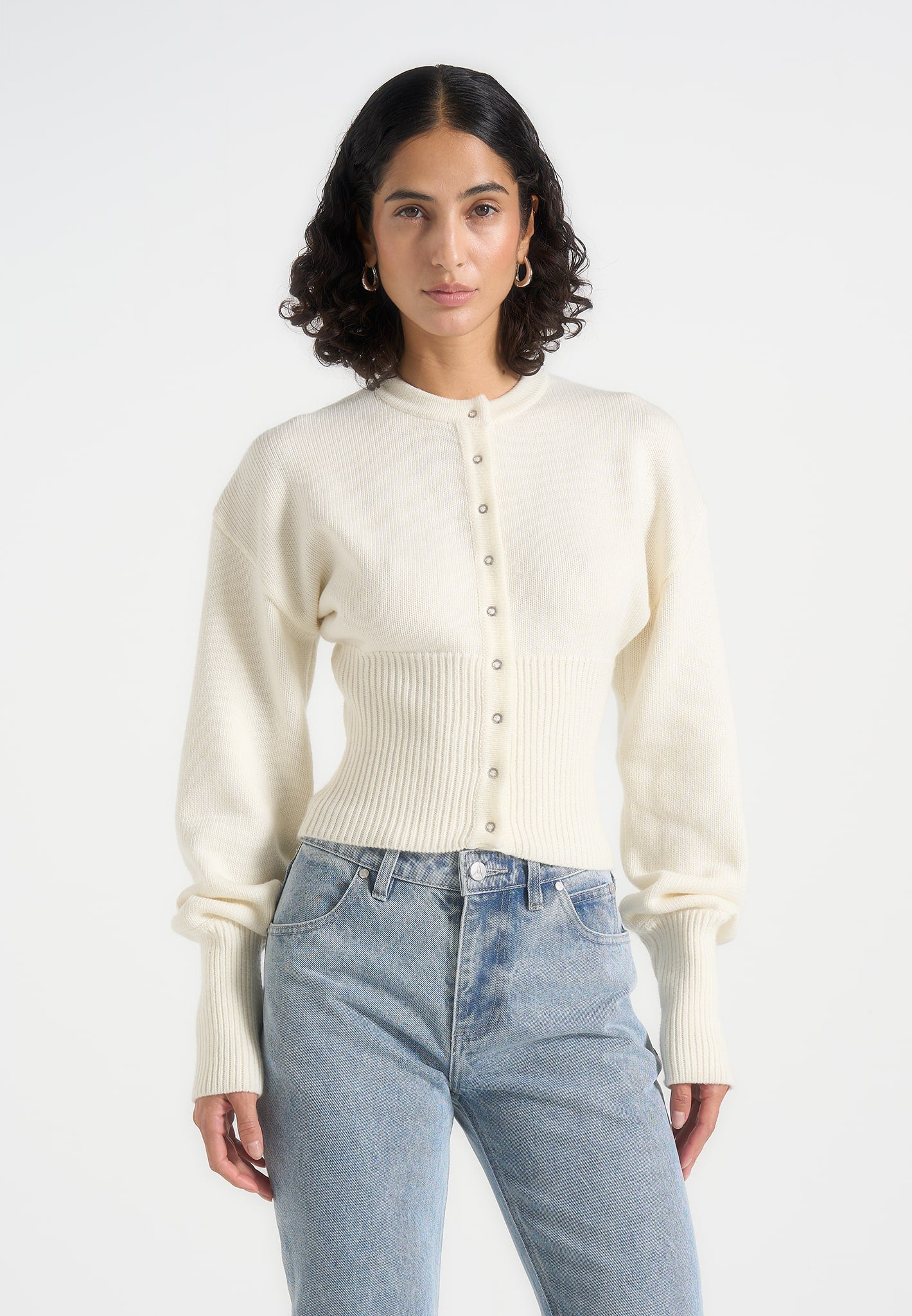 Mayla - Knitted Cinch Waist Cardigan - Cream 