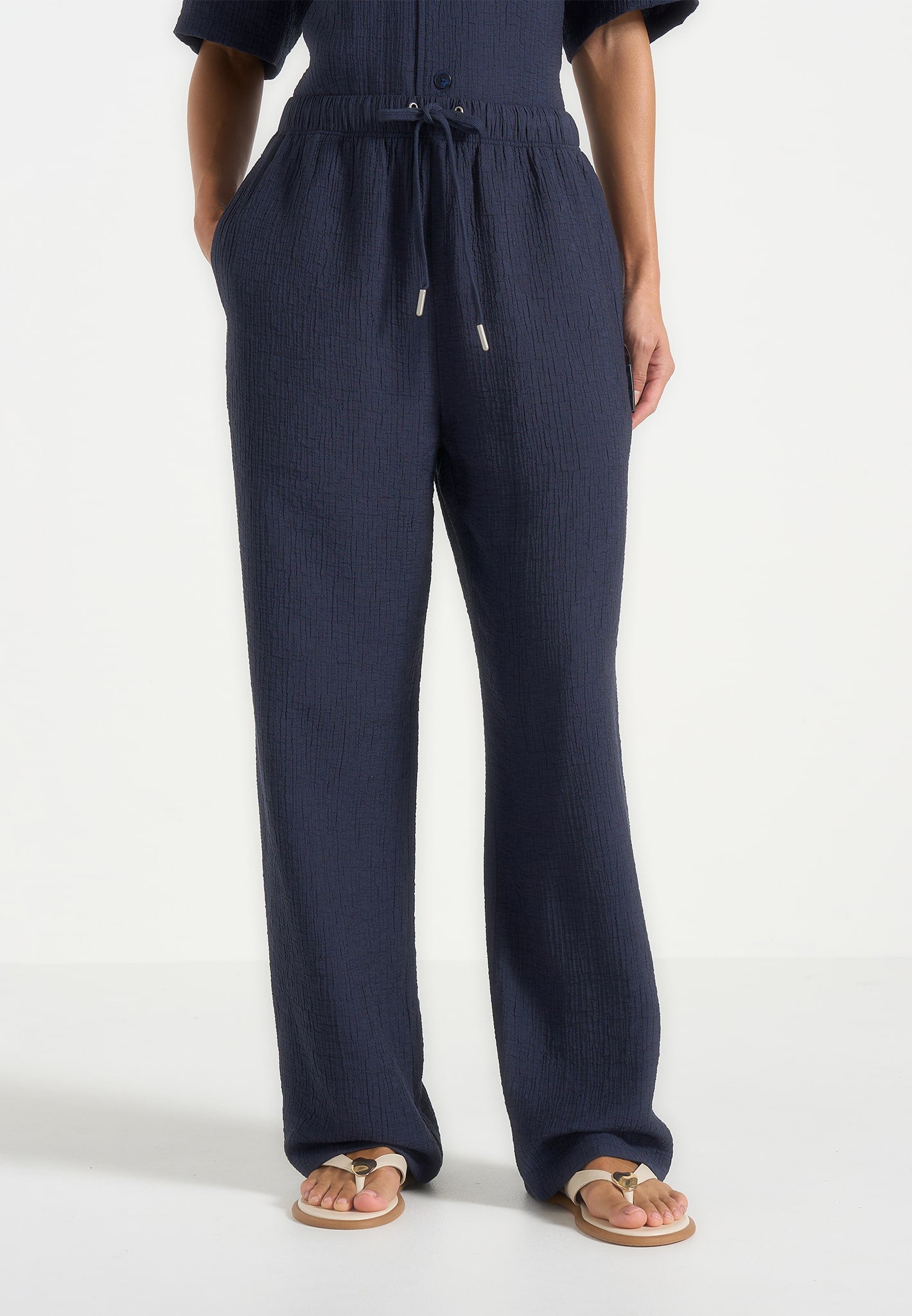 Addison - Unisex Textured Relaxed Fit Trousers - Navy