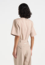 Mia - Wide Shoulder Bodysuit T-Shirt - Beige