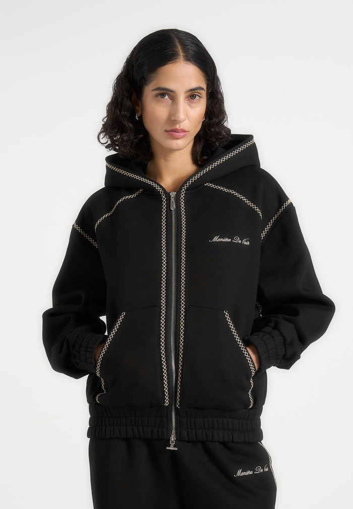 Ollie - Unisex Whipstitch Raglan Effect Zip Hoodie - Black