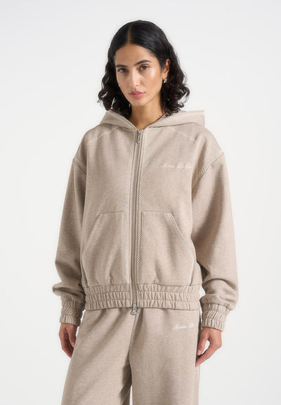 Ollie - Unisex Whipstitch Raglan Effect Zip Hoodie - Taupe