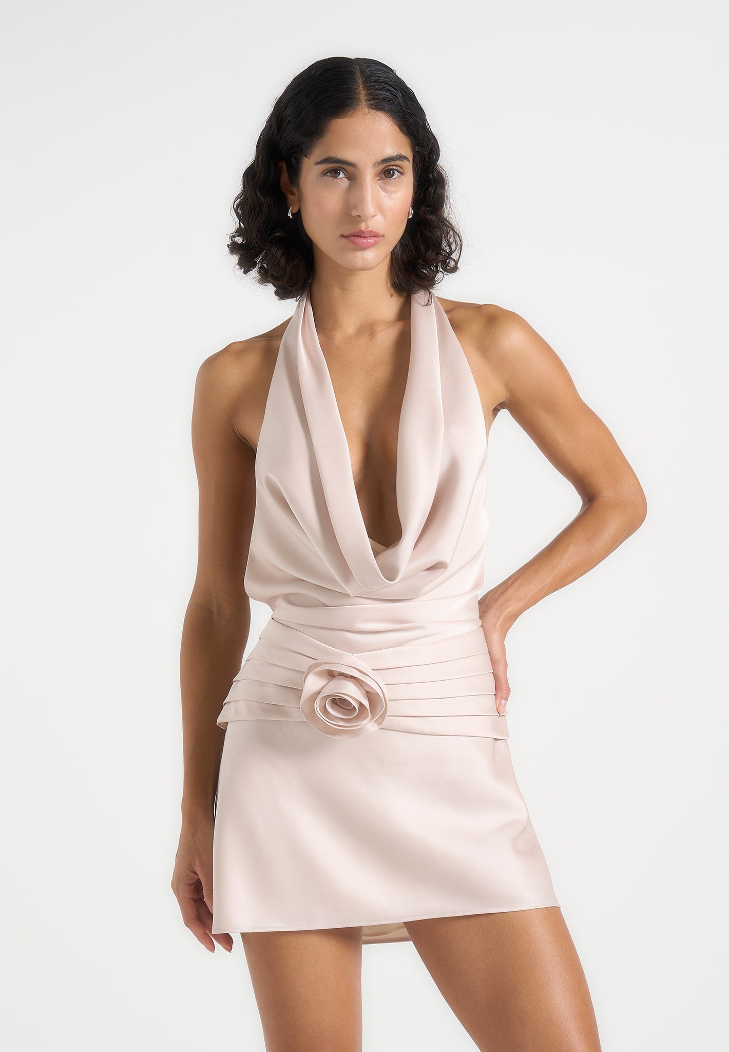 Christelle - Cowl Halter Open Back Rosette Mini Dress - Champagne