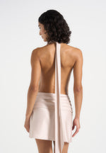 Christelle - Cowl Halter Open Back Rosette Mini Dress - Champagne