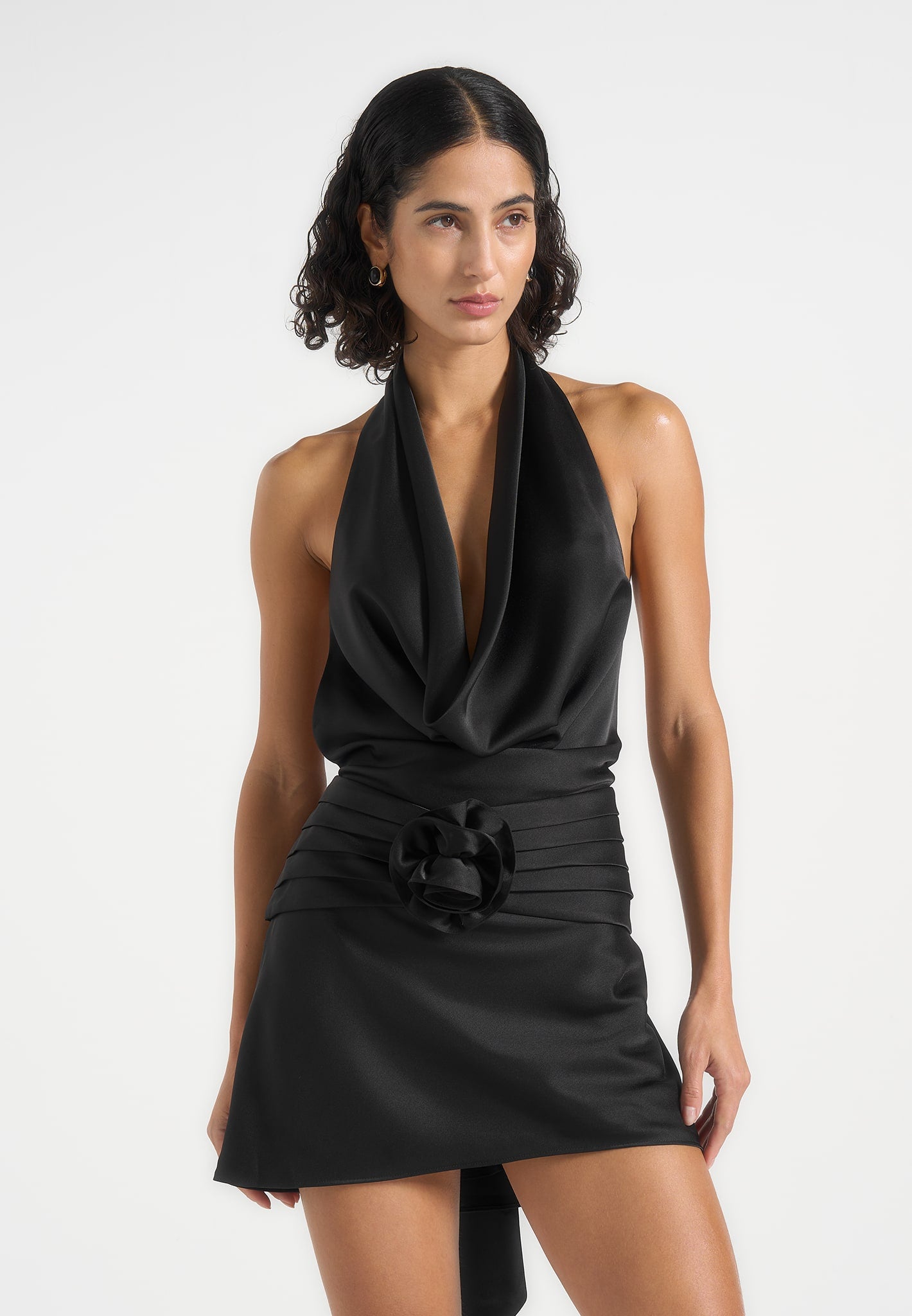 Christelle - Cowl Halter Open Back Rosette Mini Dress - Black