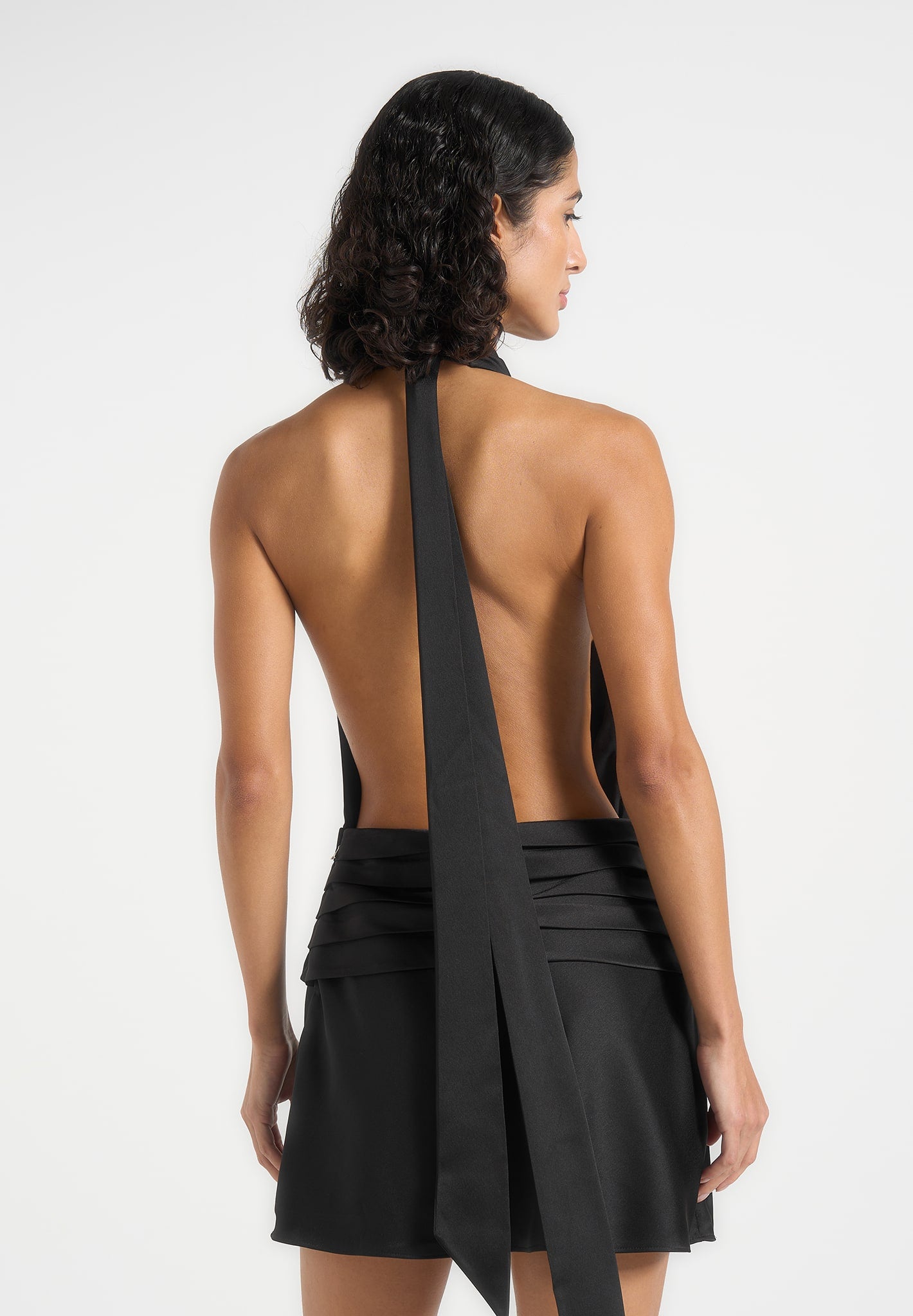 Christelle - Cowl Halter Open Back Rosette Mini Dress - Black 