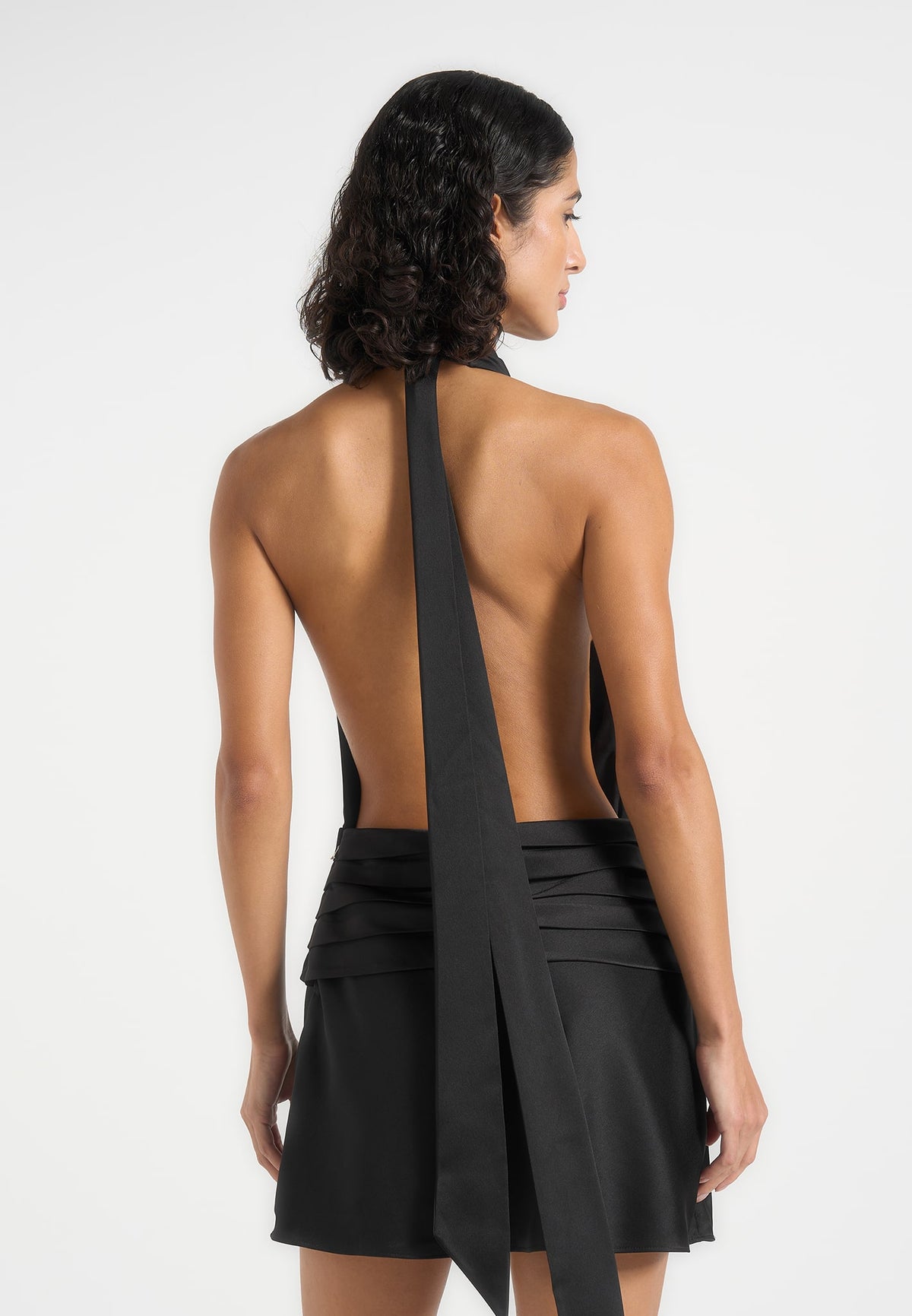 Christelle - Cowl Halter Open Back Rosette Mini Dress - Black