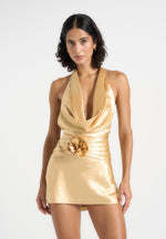 Christelle - Cowl Halter Open Back Rosette Mini Dress - Gold