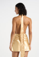 Christelle - Cowl Halter Open Back Rosette Mini Dress - Gold