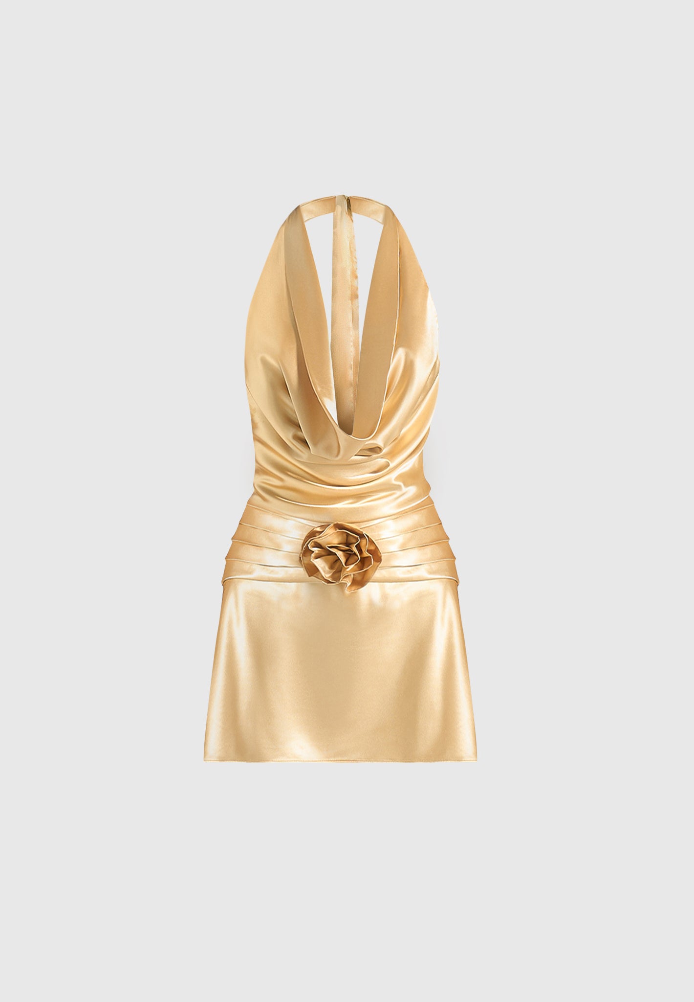 Christelle - Cowl Halter Open Back Rosette Mini Dress - Gold
