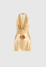 Christelle - Cowl Halter Open Back Rosette Mini Dress - Gold