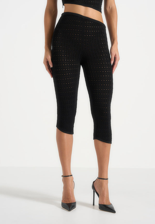 Aimee - Pointelle Asymmetric Capri Leggings - Black