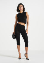 Aimee - Pointelle Asymmetric Capri Leggings - Black