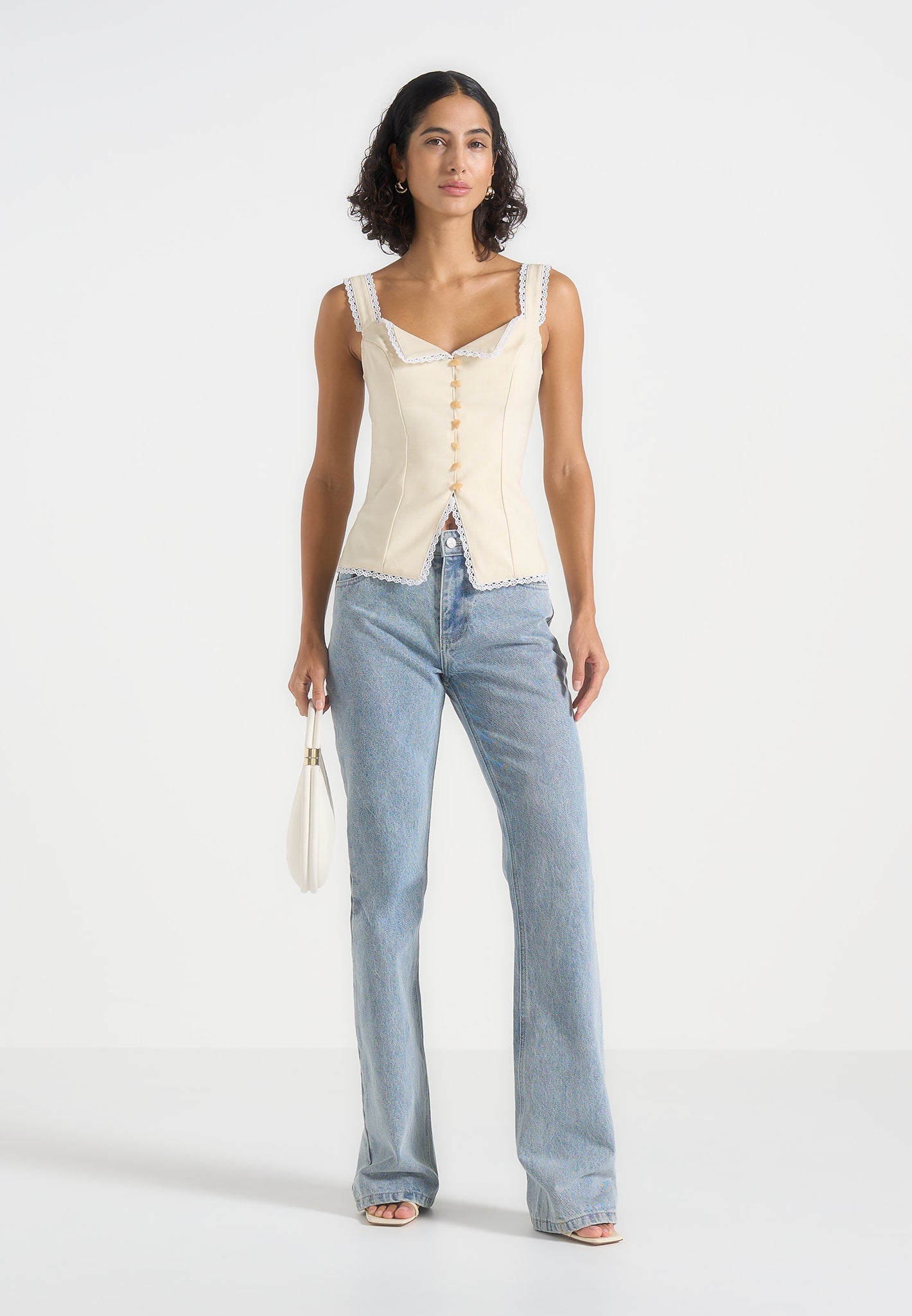 Delia - Linen Lace Trim Corset Cami Top - Pale Yellow