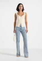Delia - Linen Lace Trim Corset Cami Top - Pale Yellow