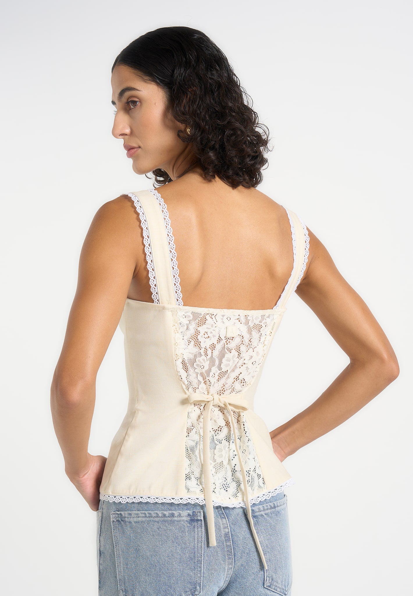 Delia - Linen Lace Trim Corset Cami Top - Pale Yellow 