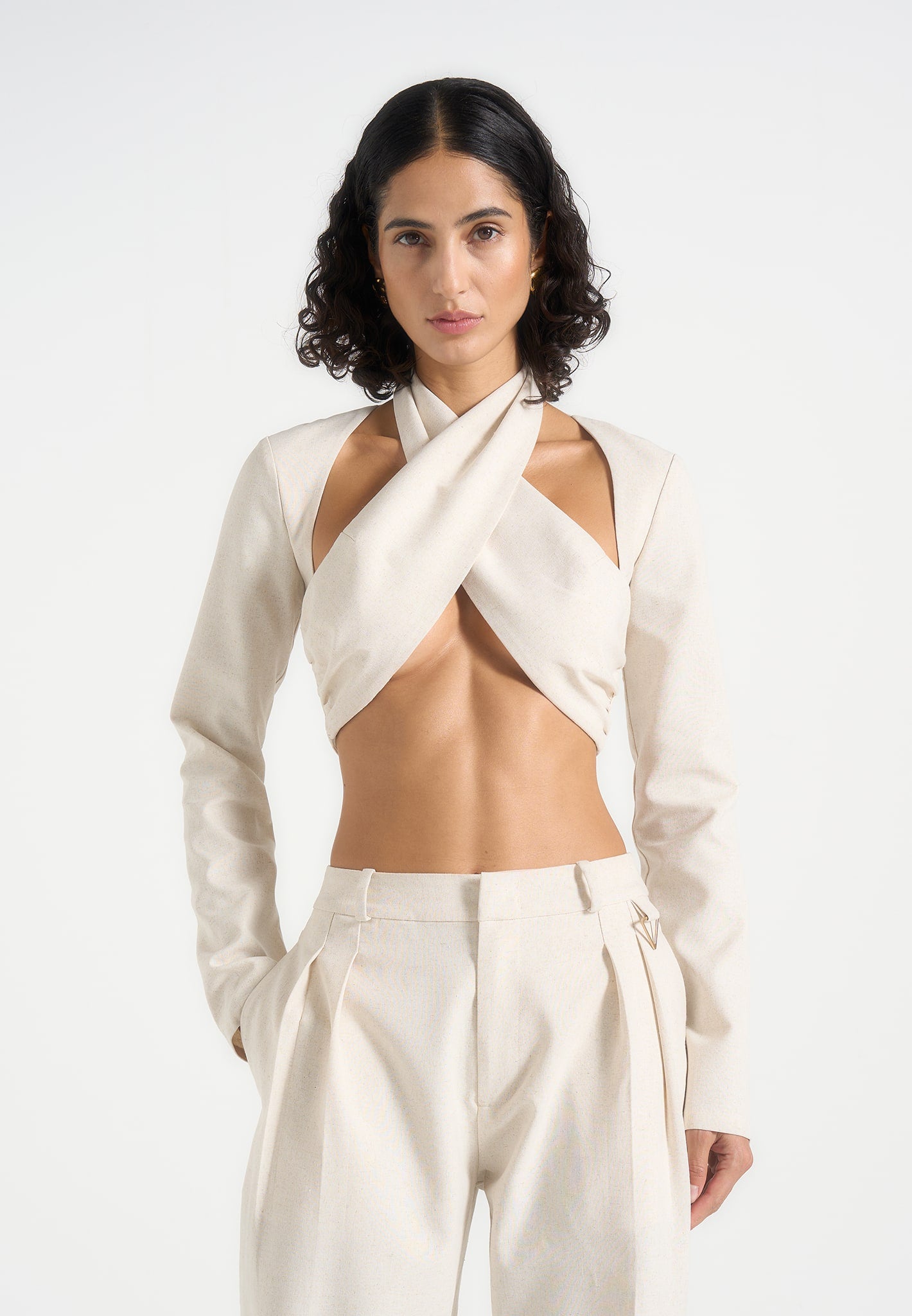 Wendy - Linen Crossover Bolero Top - Natural