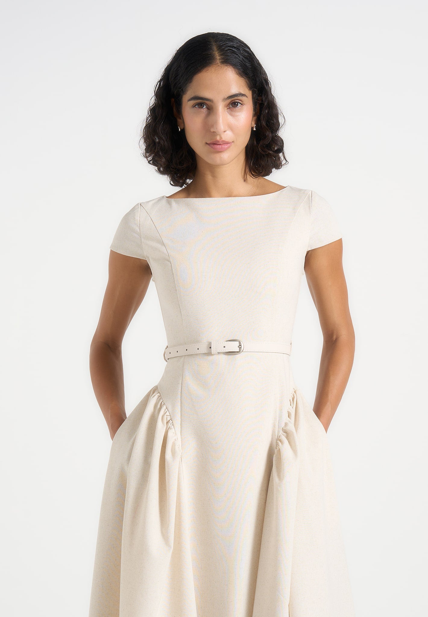 Gaia - Linen Boat Neck Belted Pleated Midi Dress - Natural