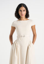 Gaia - Linen Boat Neck Belted Pleated Midi Dress - Natural