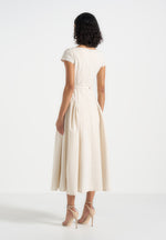 Gaia - Linen Boat Neck Belted Pleated Midi Dress - Natural