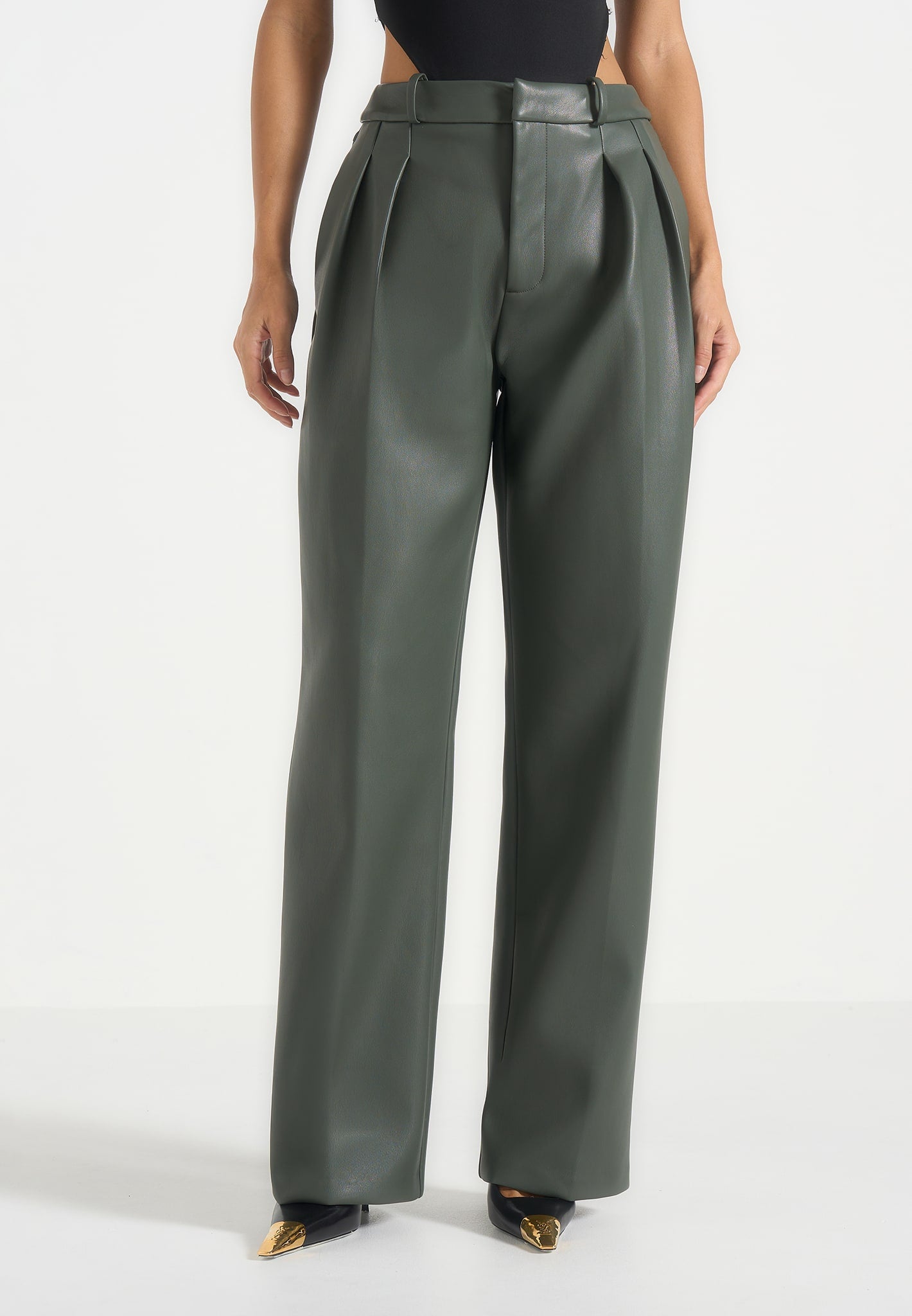 Julie - Leather Twin Pleat Trousers - Olive 