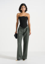 Julie - Leather Twin Pleat Trousers - Olive