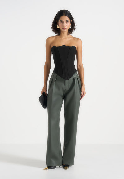 Julie - Leather Twin Pleat Trousers - Olive
