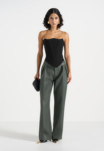 Julie - Leather Twin Pleat Trousers - Olive