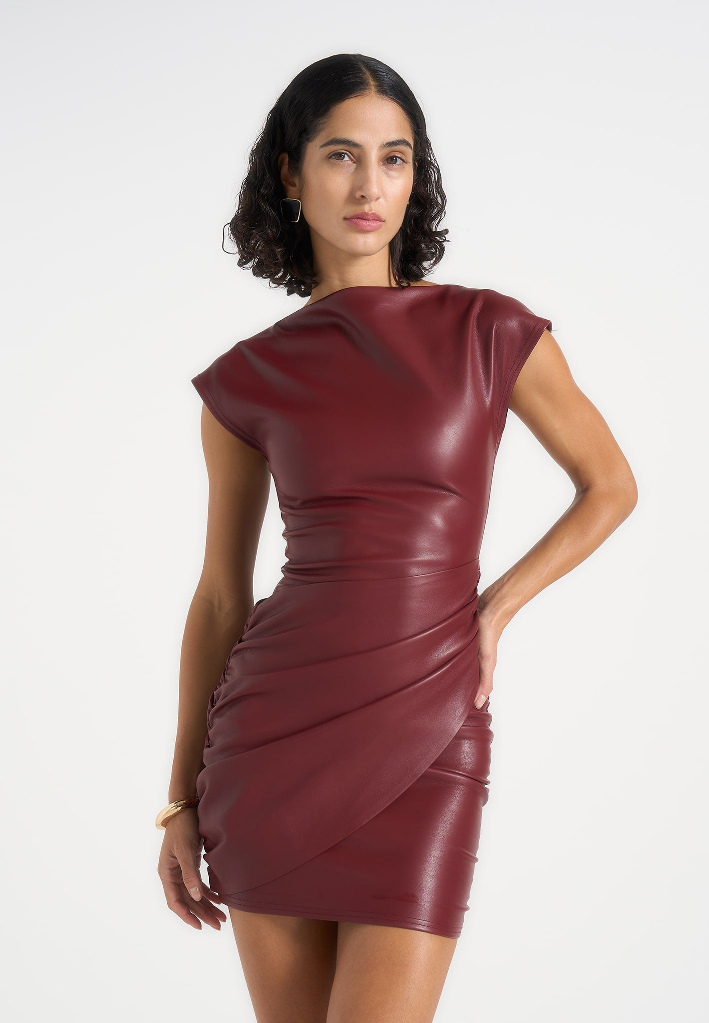 Tina - Leather Boat Neck Ruched Dress - Wine Red 